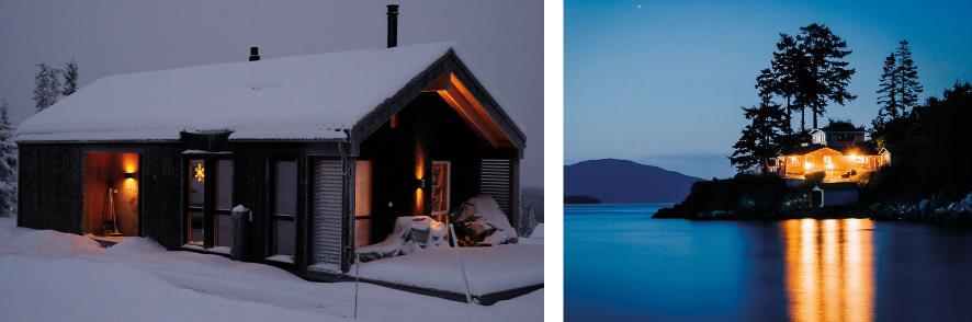 Til venstre: Hytte med dempa belysning. Til høgre: Hytte med omfattande lyssetting av fasade