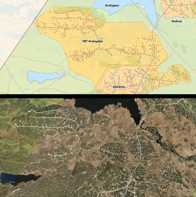 Utsnitt av arealdelen i kommuneplanen 2014–2025 og flyfoto av same om-råde