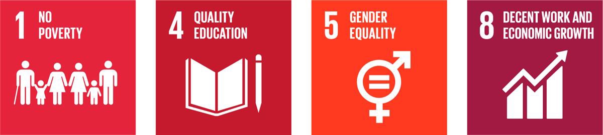 1 No poverty, 4 Quality education, 5 Gender equality and 8 Decent work and economic growth.