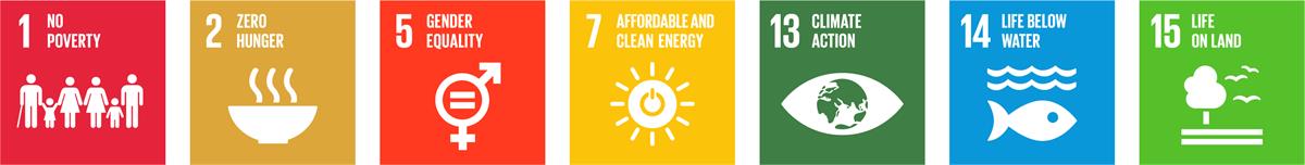 1 No poverty, 2 Zero hunger, 5 Gender equality, 7 Affordable and clean energy, 13 Climate action, 14 Life below water and 15 Life on land.