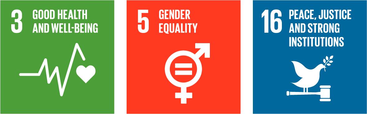 3 Good health and well-being, 5 Gender equality and 16 Peace, justice and strong institutions.