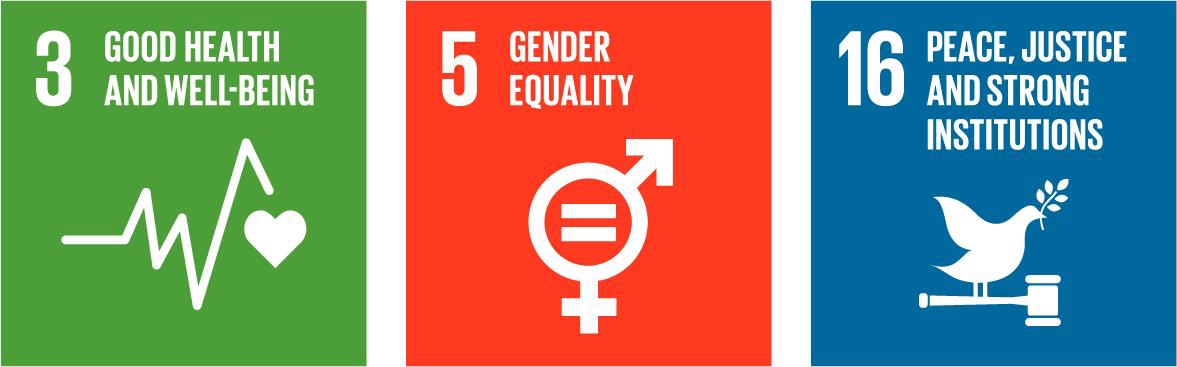 3 Good health and well-being, 5 Gender equality and 16 Peace, justice and strong institutions.