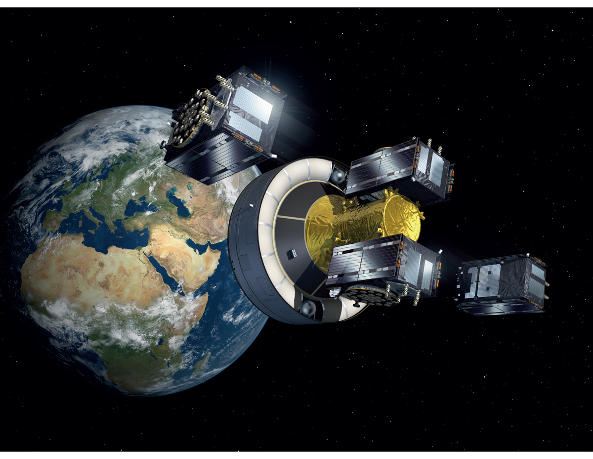 Figur 4.2 Fire Galileosatellitter settes ut i bane i nesten 23 000 kilometers høyde
