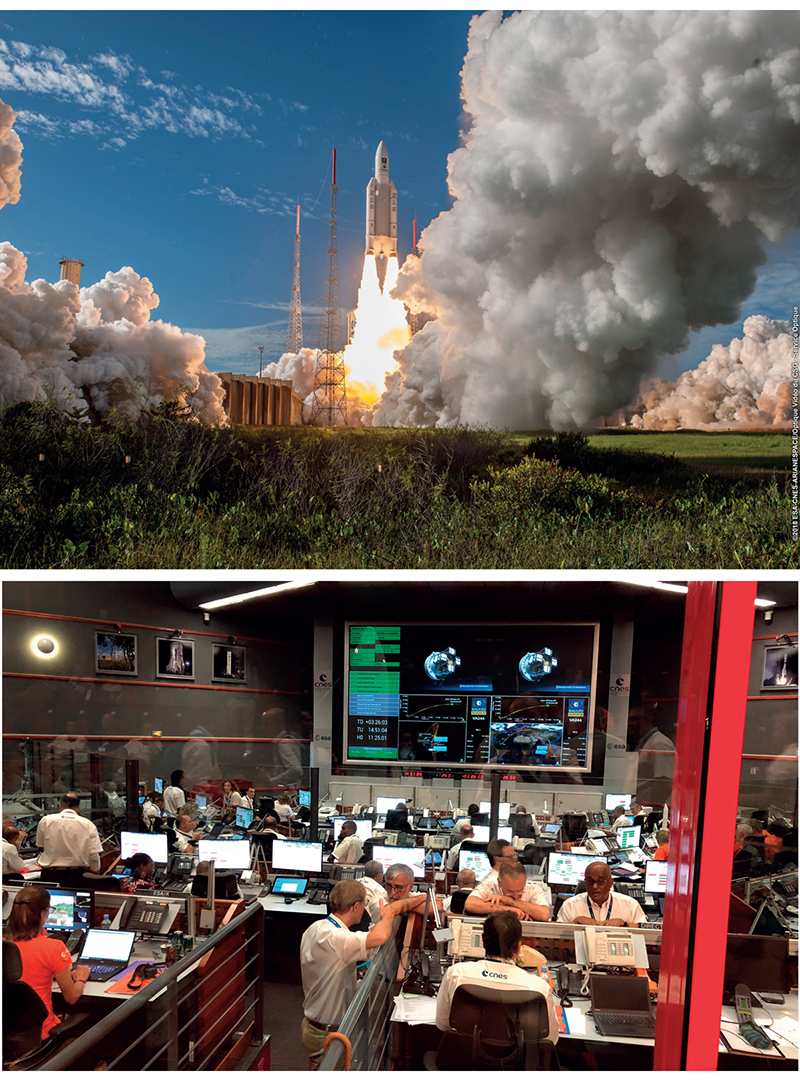 Figur 4.3 Øverst: Galileosatellitter skytes opp i en Ariane 5-rakett fra ESAs base i Kourou, Fransk Guyana
. Nederst: Fra kontrollrommet i Europe's Spaceport under oppskyting av Galileosatellitt, Guyana Space Centre i Fransk Guyana. 