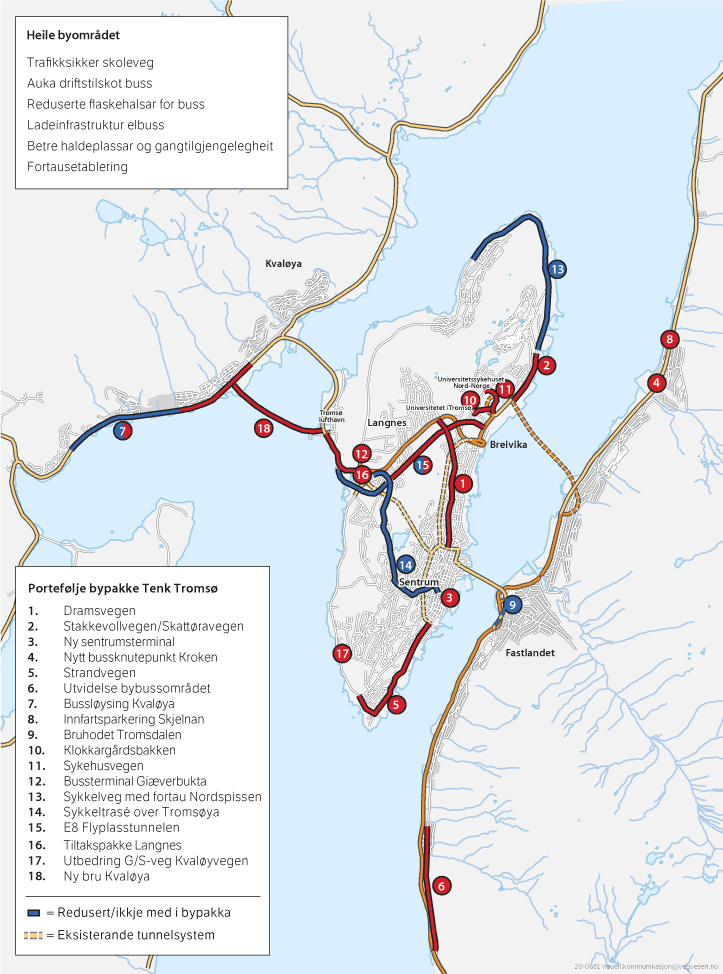 Figur 4.1 Kart med strekningsvise tiltak, samt innsatsområda for heile byområdet.