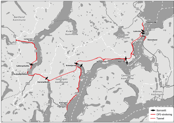 Figur 2.1 E10/rv. 85 Tjeldsund – Gullesfjordbotn – Langvassbukt – oversiktskart over prosjektet inkl. bomstasjoner
