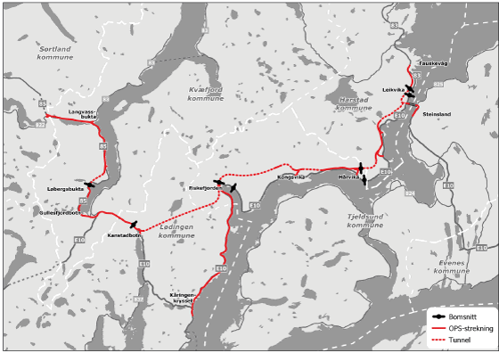 Figur 2.1 E10/rv. 85 Tjeldsund – Gullesfjordbotn – Langvassbukt – oversiktskart over prosjektet inkl. bomstasjoner

