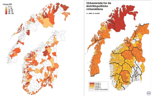 Figur 8.2 Breibandsdekning i privatmarknaden mai 2003 og virkeområde
for dei distriktspolitiske verkemidla
