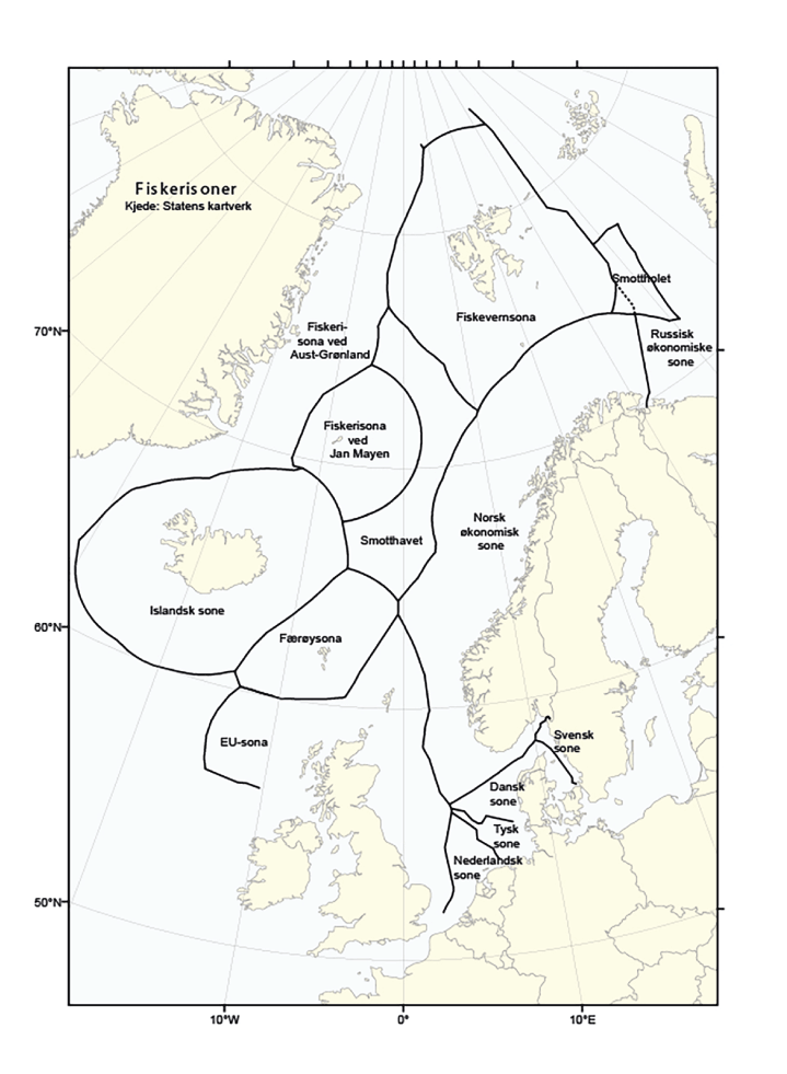 Figur 2.1 Kart som viser dei ulike fiskerisonene i Nordaust-Atlanteren
