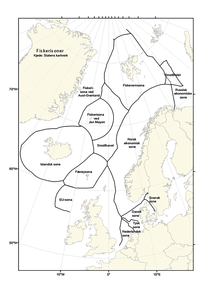 Figur 2.1 Kart som viser dei ulike fiskerisonene i Nordaust-Atlanteren
