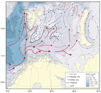 Figur 4.1 Barentshavet – straumar og djupnetilhøve
