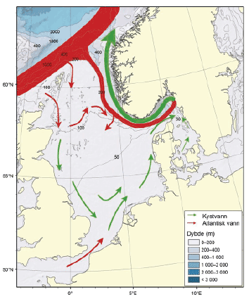 Figur 4.34 Nordsjøen og Skagerrak – straumar og djupnetilhøve

