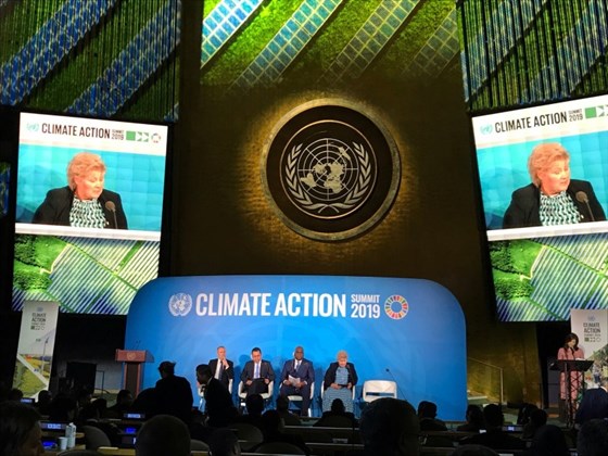 Statsminister Erna Solberg holder sitt innlegg på Climate Action Summit 2019