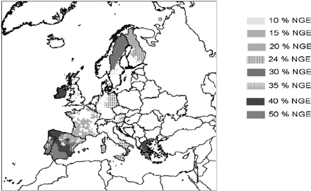 Figur 3.6 Kart over maksimalt tillatte støttesatser til bedriftsinvesteringer i ulike regioner i EU for 2000, målt ved netto tilskuddsekvivalenter