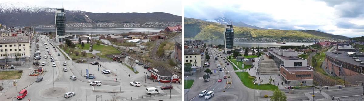 Før og nå-bilde av Narvik torg som viser forandringer fra 2013 til 2019