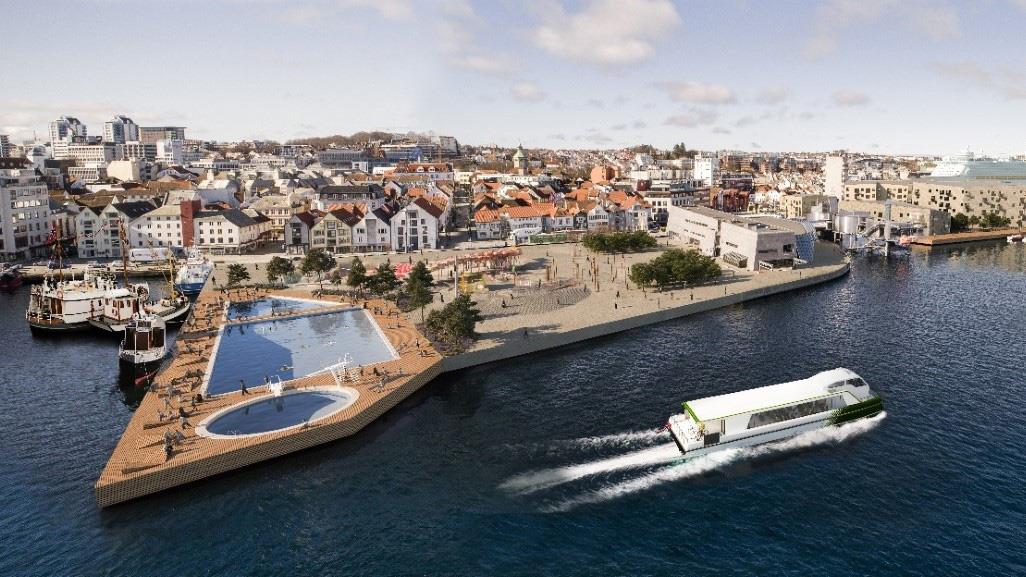 Illustrasjon av den fremtidige Havnefronten med bassenger og vannbuss.