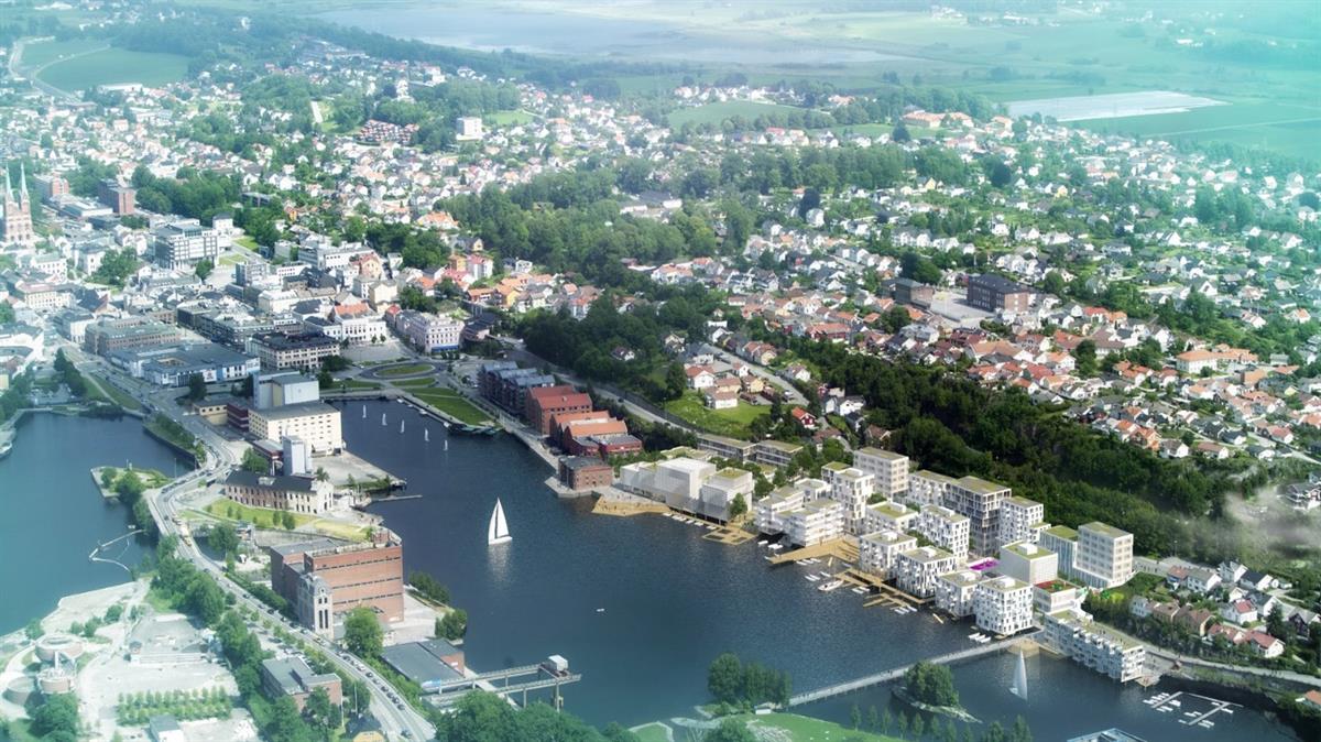 Illustrasjonsskisse av byutvikling på Skien Brygge som skråbilde ovenfra.
