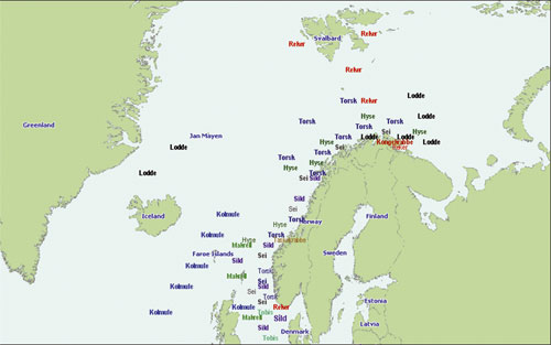 Figur 10.1 Oversikt over norsk fiske etter noen av de viktigste artene.