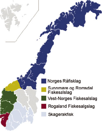 Figur 10.4 Oversikt over salgslagene i hvit­fisk­sektoren. Norges Sildesalgslag organiserer omsetningen av pelagisk fisk over hele landet.