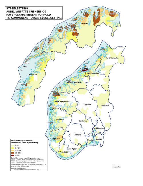 Figur 3.6 Sysselsetting. Andel ansatte i fiskerinæringen i forhold til kommunens totale sysselsetting.
