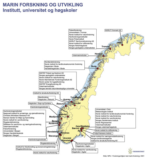 Figur 6.5 Kartet viser institusjoner som driver marin forskning.