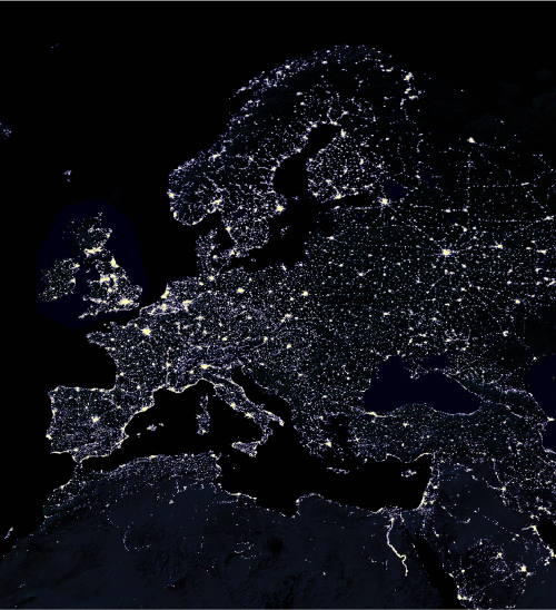 Figur 3.1 Nattbilde av lysene fra eropeiske storbyer sett fra satellitt. © www.worldsat.ca
