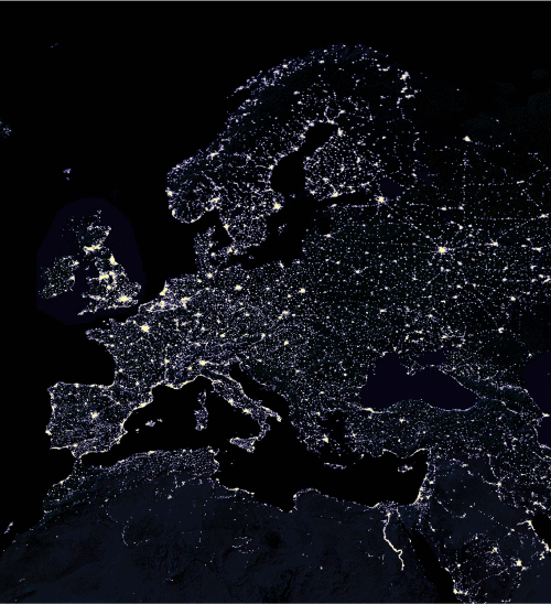 Figur 3.1 Nattbilde av lysene fra eropeiske storbyer sett fra satellitt. © www.worldsat.ca