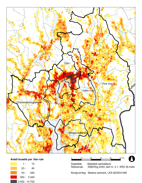 Figur 3.14 Stor-Osloregionen, bosettingsmønster 2002