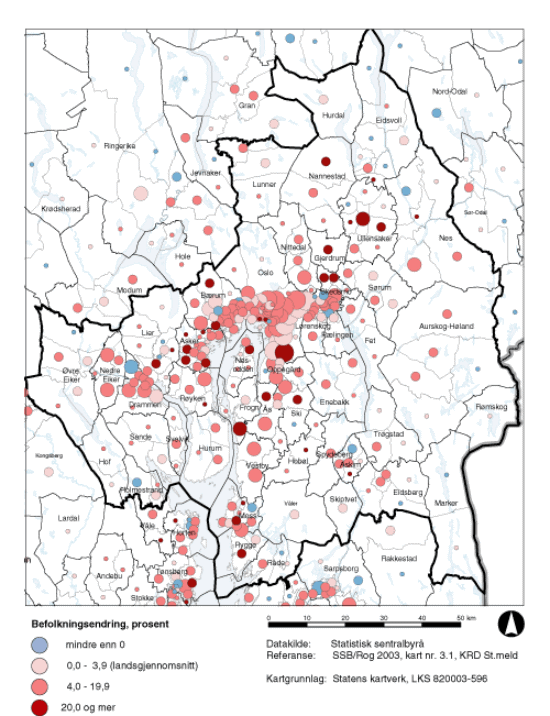 Figur 3.15 Stor-Osloregionen, befolkningsendring 1995 - 2002
