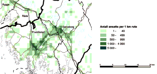 Figur 3.5 Nedre Glomma-regionen – antall ansatte. Mønster 2002