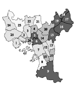 Figur 6.2 Andel ikke-vestlige innvandrere (alle aldre) i Oslos bydeler (bydeler med bydelsnummer). Oslo indre Øst og nye drabantbyer i Groruddalen og Søndre Nordstrand har høyest andel. Gråtoneskala som for kart over hele Stor-Osloregionen (se 
figur 6.1).