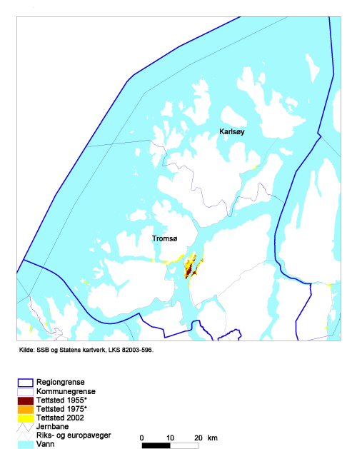 Figur 5.1 Byspredning 1955 – 2002. Tromsøregionen