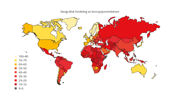 Figur 9.8 Geografisk skår i korrupsjonsindeksen. Gult indikerer høy skår og lite korrupsjon og rødt indikerer lav skår og mye korrupsjon
