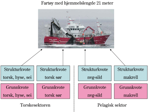 Figur 4.9 Eksempel på struktureringsmuligheten innenfor både torskesektoren og pelagisk sektor for fartøy med hjemmelslengde 21 meter