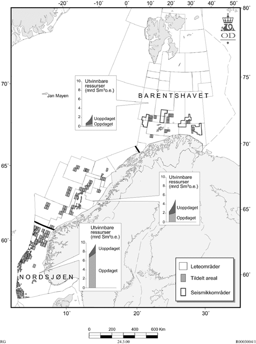 Figur 4-1 Letestatus på kontinentalsokkel; oppdagede og uoppdagede ressurser samt konsesjonsbelagt areal