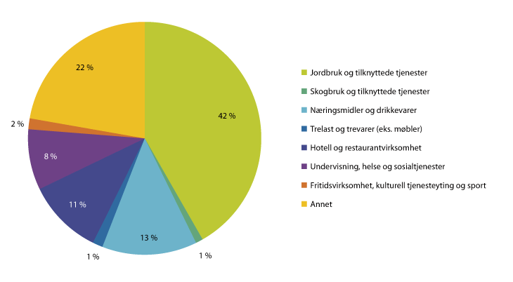 Figur 3.4 BU-tilskudd til bygdenæringer 2013 fordelt på bransjer1. Prosent. 