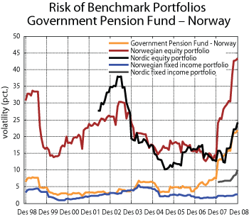 Figure 5.15 Risk associated with the benchmark portfolios for the Government Pension Fund – Norway. Rolling twelve-month standard deviation of the rate of return measured nominally in Norwegian kroner, 1998–2008. Per cent