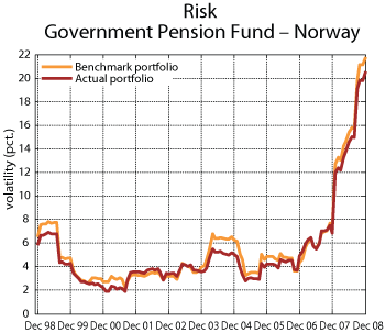 Figure 5.19 Rolling twelve-month standard deviation of the rate of return on the Government Pension Fund – Norway and the Fund’s benchmark portfolio, measured nominally in Norwegian kroner. 1998–2008. Per cent