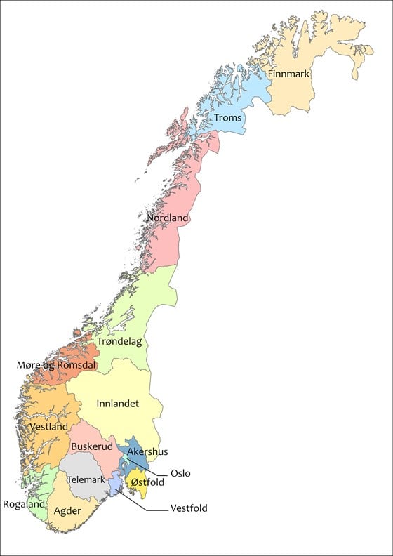 Norgeskart som viser de nye fylkesgrensene