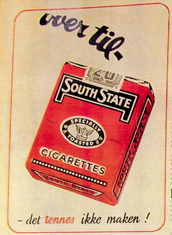 Figur 6.1 South State cigarettes – det
 tennes ikke maken.
  J.L. Tiedemanns tobaksfabrik, 1955. Kun
 pakning i annonsen – ingen mennesker.