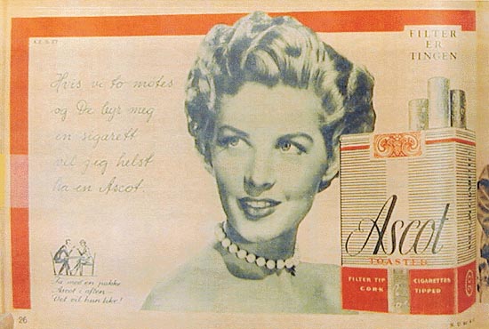 Figur 6.2 Hvis vi to møtes og De byr meg
 en sigarett vil jeg helst ha en Ascot.
  J.L. Tiedemanns tobaksfabrik,
 1957. Kvinner blir sjelden sett røykende i tidlige annonser.