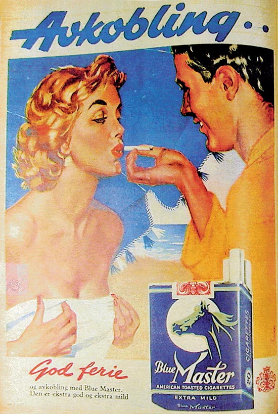 Figur 6.3 Avkobling. Blue Master,
  J.L. Tiedemanns
 tobaksfabrik, 1957. Kvinnens røyking er prisgitt en gest
 fra en mann.