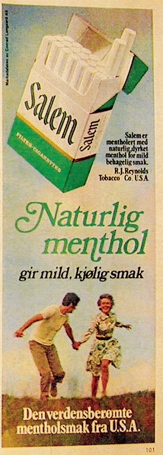Figur 6.8 Cool, clean Consulate – frisk
 som en fjellbekk.
  Gunnar Stenberg A/S, 1968. Produsert
 av Rothmans Ltd. Motiv fra naturen som gir assosiasjoner til renhet.