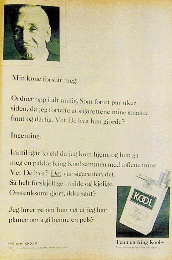 Figur 6.9 Salem er mentholert med naturlig dyrket
 menthol for mild behagelig smak.
  Conrad Langaard tobaksfabrik,
 1974. Produsert av R.J. Reynolds Tobacco Company. Solgt av Gunnar
 Stenberg A/S fra 1986. Frihet, friskhet, naturlighet, ungdommelig
 og r...