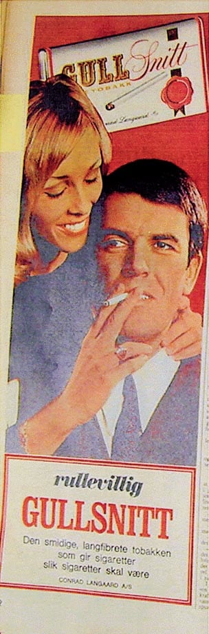 Figur 6.19 Hvorfor ta fra hans pakke – få heller
 tak i en selv. Hver eneste SAVOY gir rikere og renere røkeglede
 pga ett snehvit fiberfilter og ett spesial crèpe-filter
 med absorberende kullstoff.
  J.L. Tiedemanns tobaksfabrik,
 1965. Kvinnerettet mark...