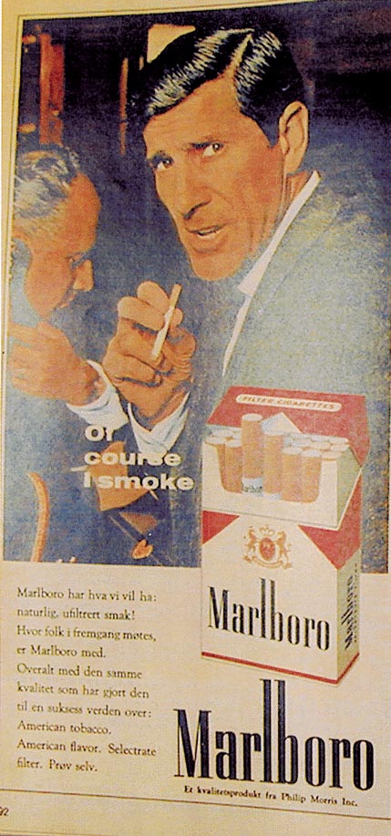 Figur 6.21 Ja, nå røker også jeg
 Prince.
  J.L. Tiedemanns tobaksfabrik, 1969. Laget på lisens
 fra Skandinavisk tobakskompagni. Salgskampanje for Prince med et
 utall kjendiser. Her med Inger Jacobsen.
