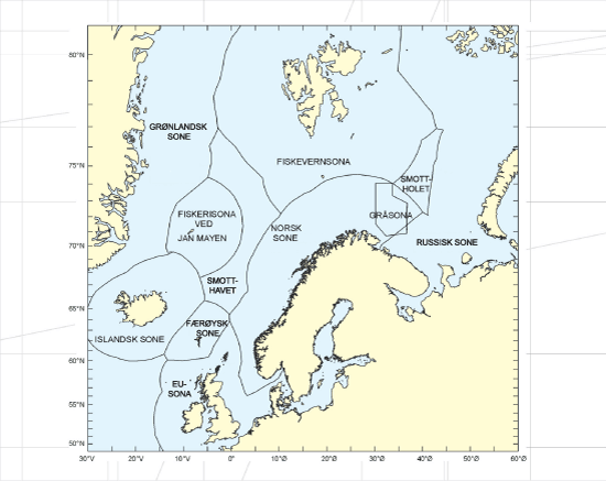 Figur 2.1 Viser dei ulike sonene under norsk jurisdiksjon og dei internasjonale havområda Smottholet i Barentshavet og Smotthavet i Norskehavet