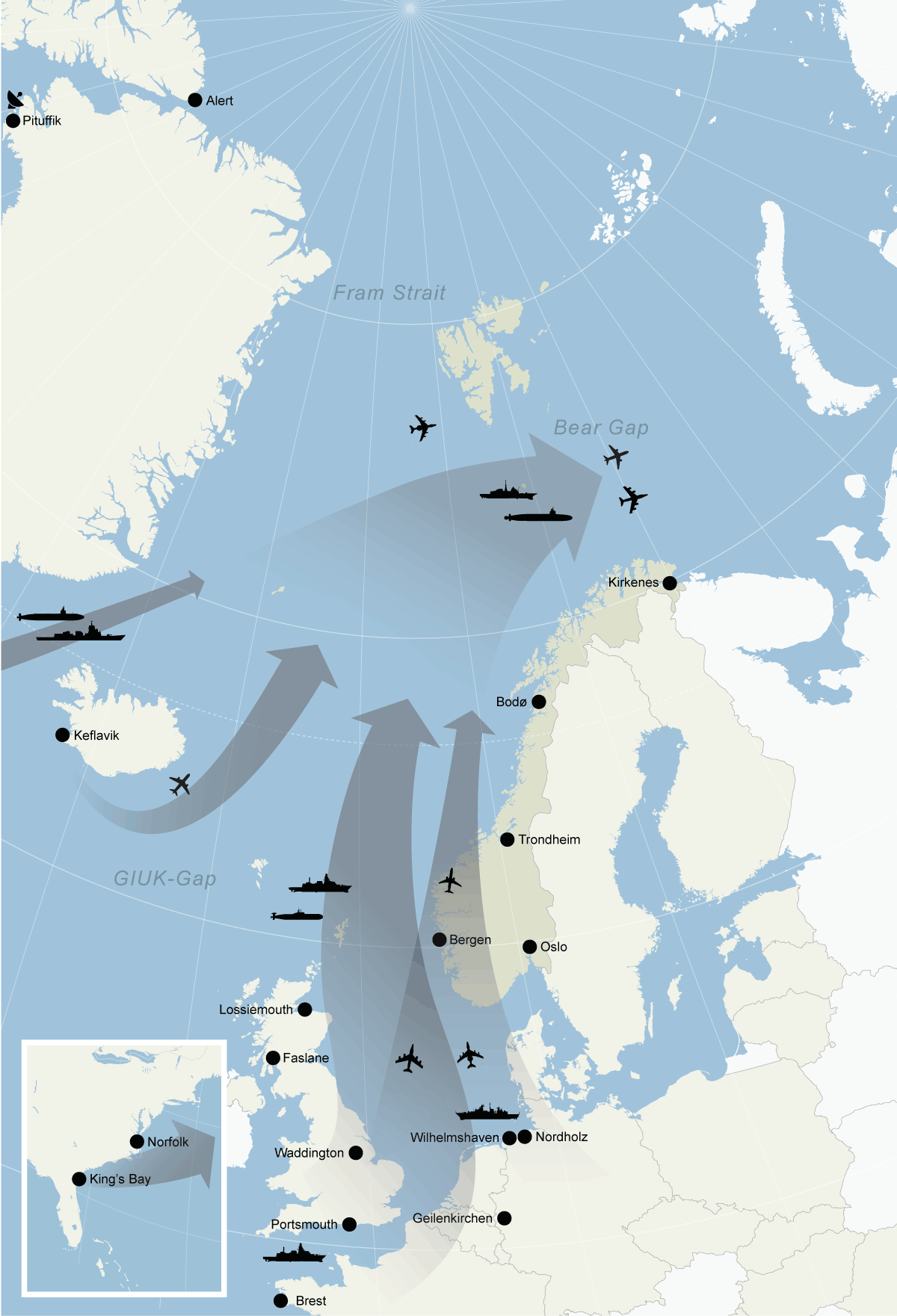Figur 10.8 Allierte operasjoner for å møte russisk opptreden. Behovet for å møte russiske forsøk på å etablere effektiv kontroll over havområdene i nord gjør at flere av NATOs viktigste patruljeområder overlapper med norske interesseområder. Illustrasjonen vise...