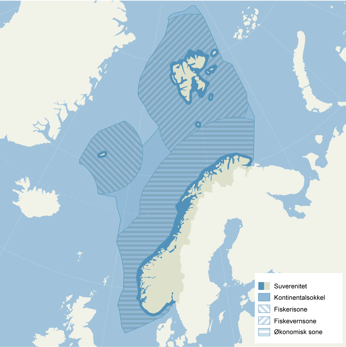 Figur 11.2 Norsk interesseområde. De siste femti årene har utviklingen av den moderne havretten gjort at Norge i dag har suverene rettigheter på kontinentalsokkelen og i sonene fra fastlandet og rundt Svalbard og Jan Mayen. Til sammen dekker dette enorme område...