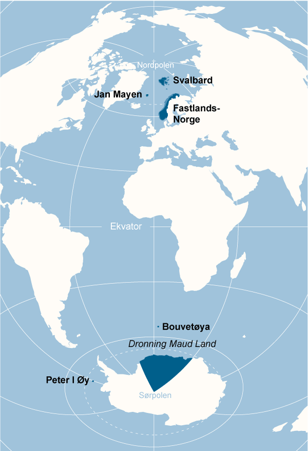 Figur 11.3 Norge har også interesser utenfor Europa. Figuren viser norsk territorium og norske biland på den sørlige halvkule.